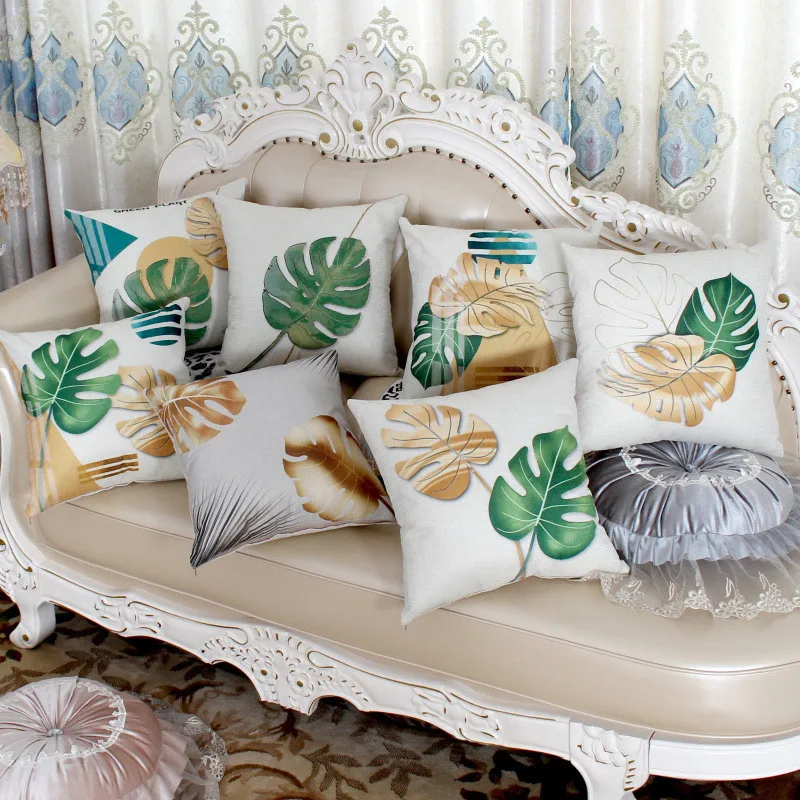 

45x45 см цвета: золотистый, Зеленый лист принт "тропические растения" для диванных подушек, наволочки для подушек, хлопок из льна для стула сиденье Декор Подушка Чехол