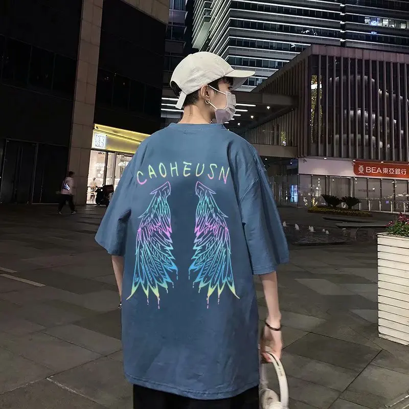 

ZAZOMDE T-shirt For Men colorful couple tee Reflective printing short-sleeved Summer trend loose Angel Wings Streetwear tshirt