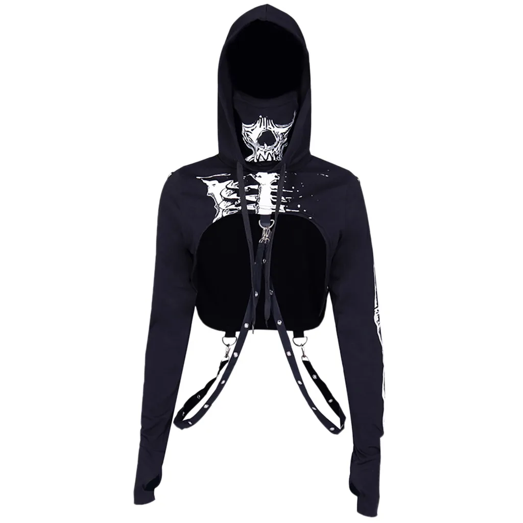Women Punk Hoodie Black Print Long Sleeve Fashion Halloween Top Sweatshirt Streetwear Women Oversized Hoodies Moletom Feminino