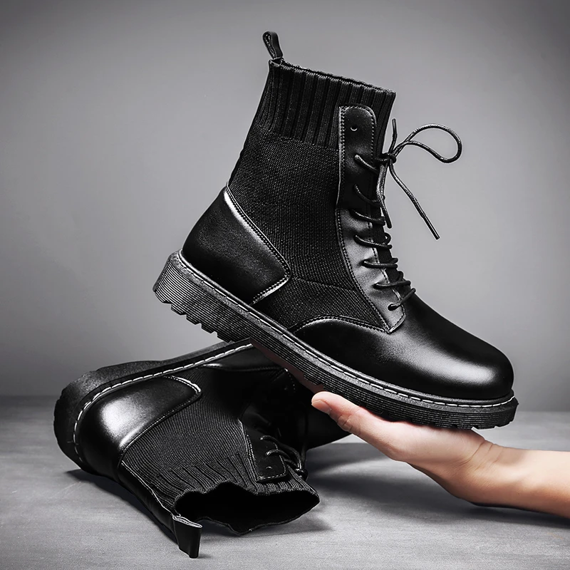 

Women's Martin Round Toe Platform Fashion PU Leather Ankle Boots Ladies Black Comfortable Stretch Boots Shoes Woman High Quality