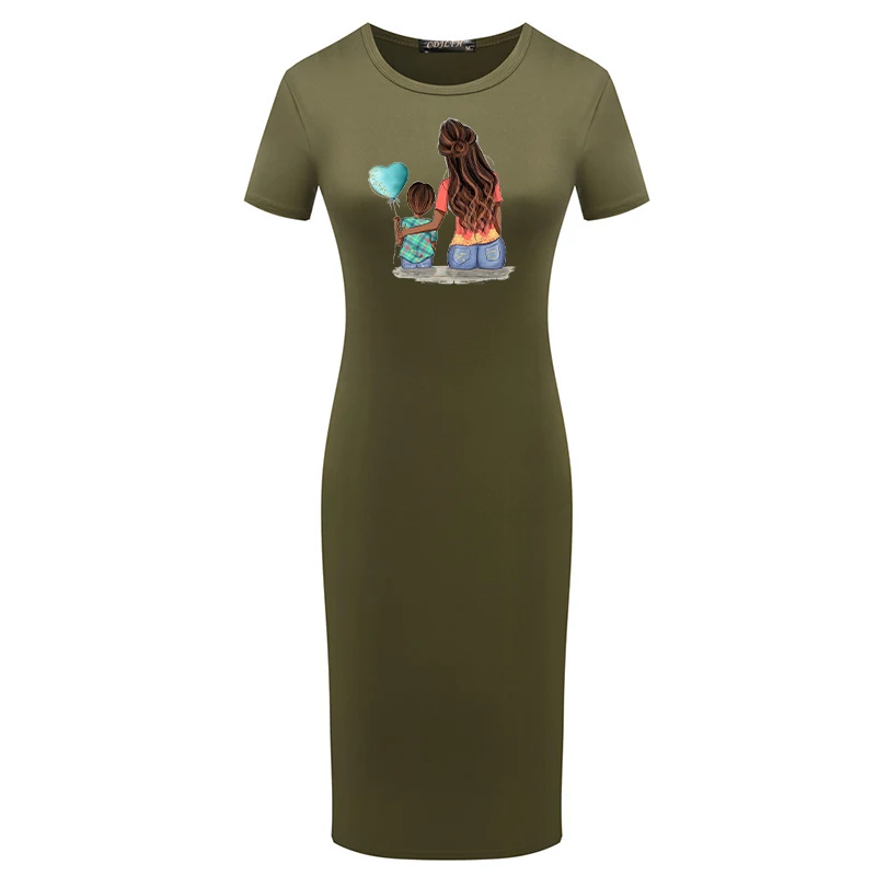 

Bodycon Dress Summer Women Mom&Baby Print Short Sleeve Sexy Plus Size Pencil Dress Vintage Robes Femme Elegant Party
