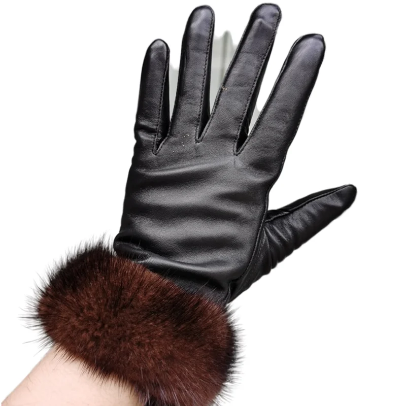 

Winter Warm Solid Guantes High Quality Sheepskin Black Genuine Leather Gloves For Women Wrist Mink Fur Luvas