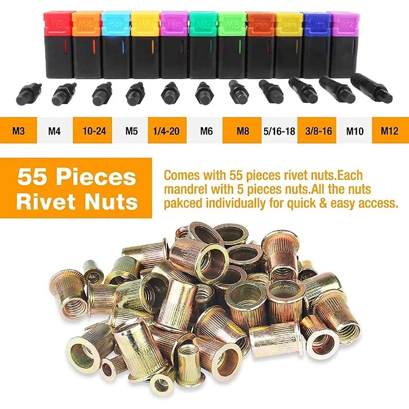 

16 inch Hand Rivet Nut Tool, Professional Rivet Nut Setter Kit with 11PCS Metric & Inch Mandrels,55PCS Rivet Nuts