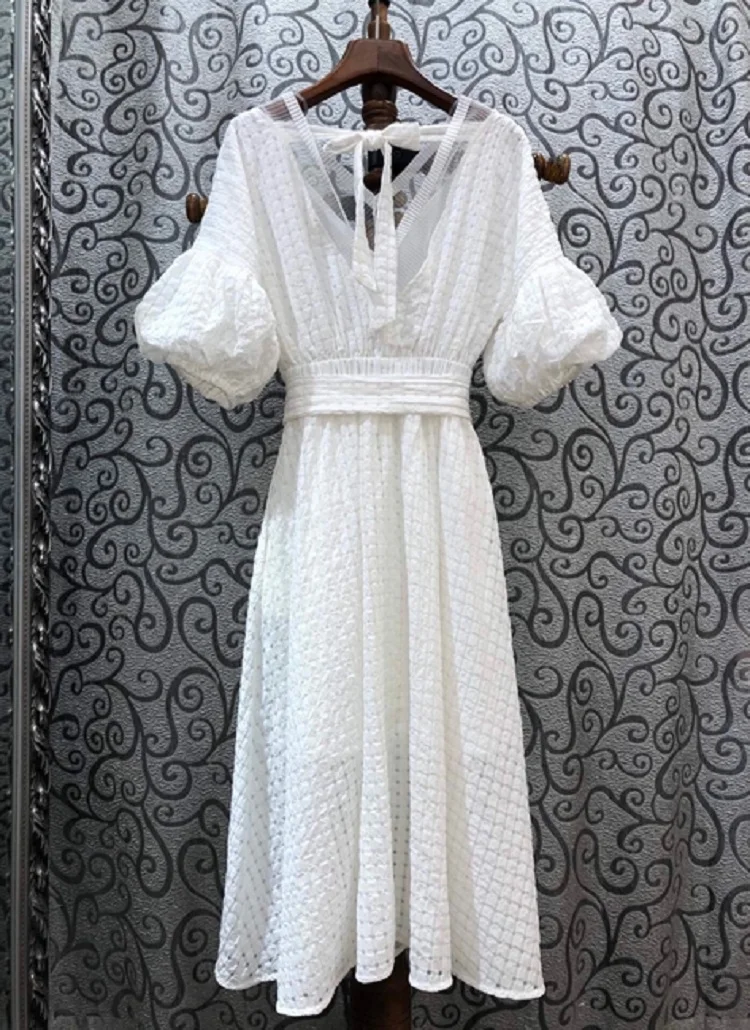 

New Top Quality 2021 Summer Dress Women V-Neck Geometric Patterns Sexy Tulle Mesh Patchwork Short Sleeve Mid-Calf White Dress