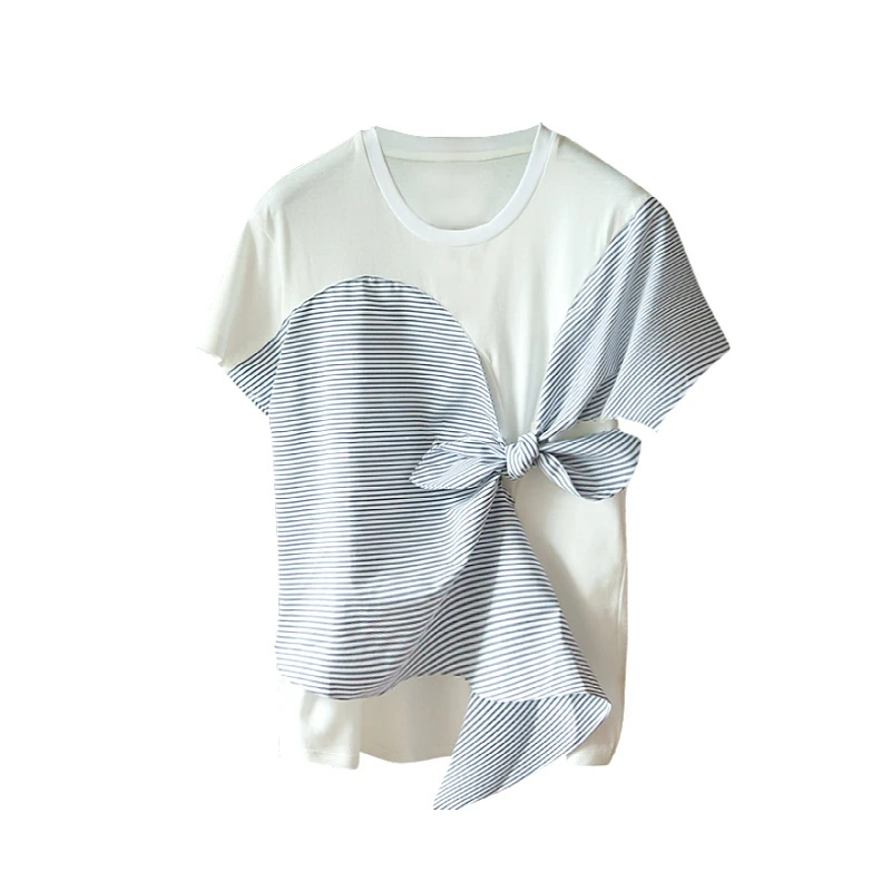 

Short Sleeve Tshirt for Women 2021 New Fashion Irregular Striped Bow Patchwork Short Sleeve Tees Top Female Clothes