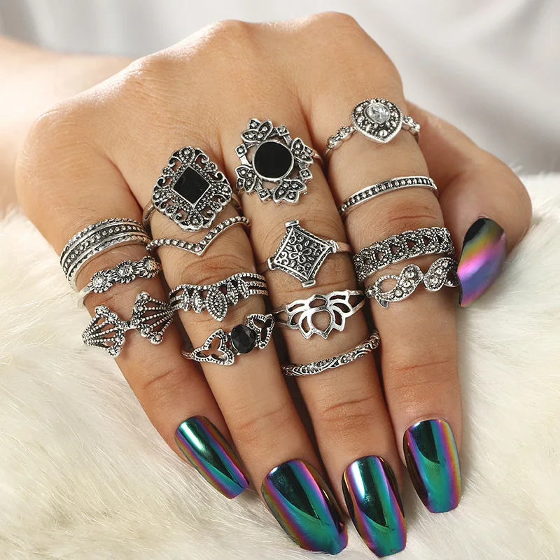 

OGDA 15 Pieces/Set Bohemian， Retro， Punk Geometric Lotus Sunflower Combination Ring Party Fashion Ladies Jewelry Free Shipping