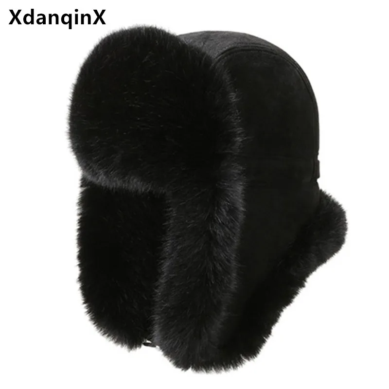 XdanqinX New Winter Men's Suede Cold Proof Bomber Hats Plus Velvet Warm Earmuffs Hat Ear Protection Windproof Riding Cap Ski Cap