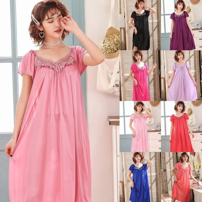 

Women Plus Size Imitation Silk Loose Nightdress Short Sleeve Ruffles Solid Color Nightgown Bowknot Lace Mother Sleepwear