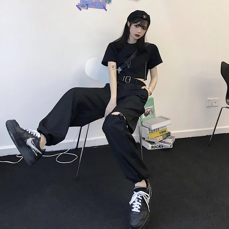 

Korean Style Loose Black Hole Straight Cargo Pants Women Streetwear High Waist Fashion Pants Women Casual Trousers Bottoms 2020