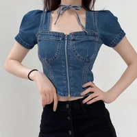 sexy denim square collar women t shirt short puff sleeve zipper blue crop top lace up slim fit beauty back summer tops indie y2k