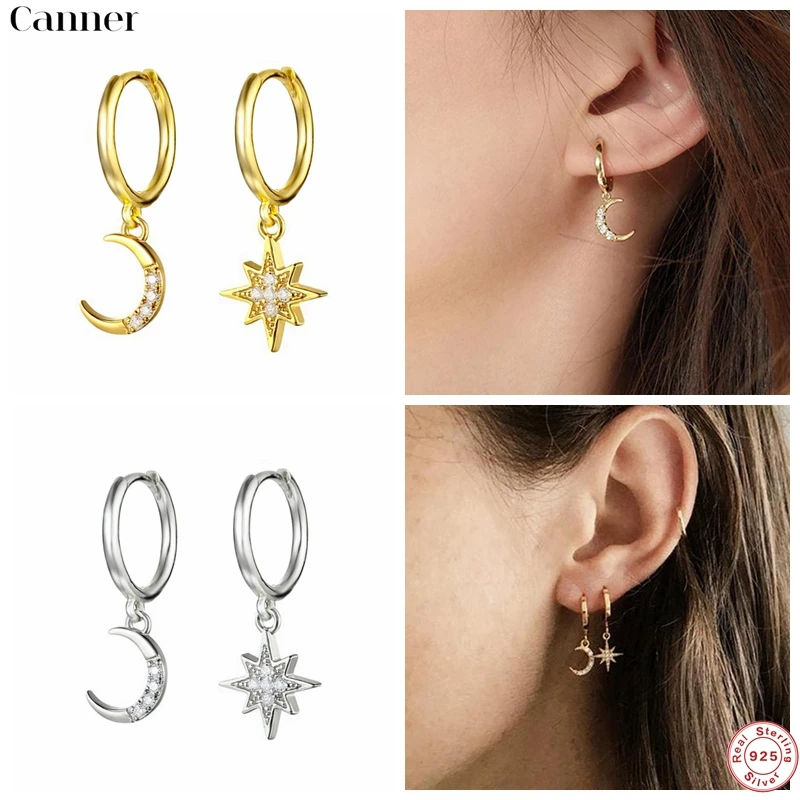 

Simple 925 Sterling Silver Moon Star CZ Zircon Small Hoop Earrings for Women Mini Gold Silver Lightning Round Earrings Jewelry