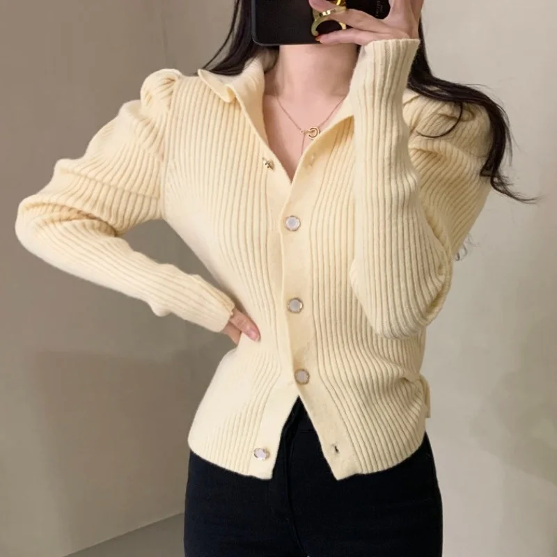 Bubble Sleeve Short Sweater Korean Chic Spring Simple Advanced Green Lapel Knitted Cardigan Single Breasted Womenshesam-B Nuyoah |