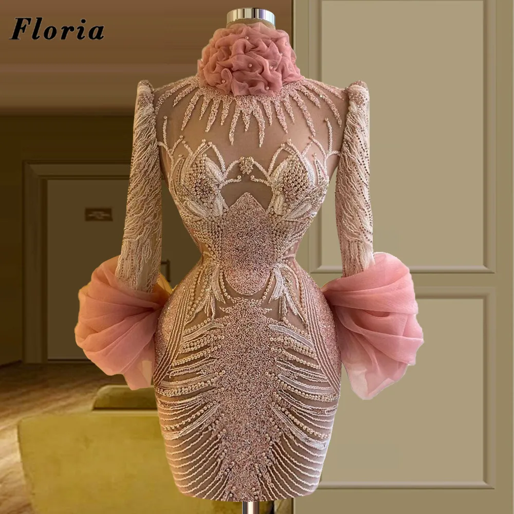 

Floria Arabic Dubai Pink Beading Evening Dresses Vestidos De Noche 2022 New Women Short Cocktail Party Gowns Mermaid Prom Dress