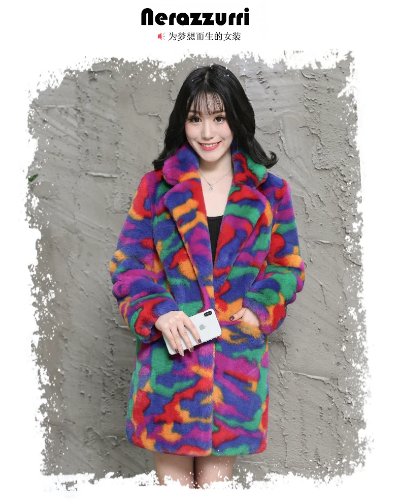 Nerazzurri multi color fluffy faux fur coat notch lapel long sleeve colorful warm soft plus size winter women faux fur jacket