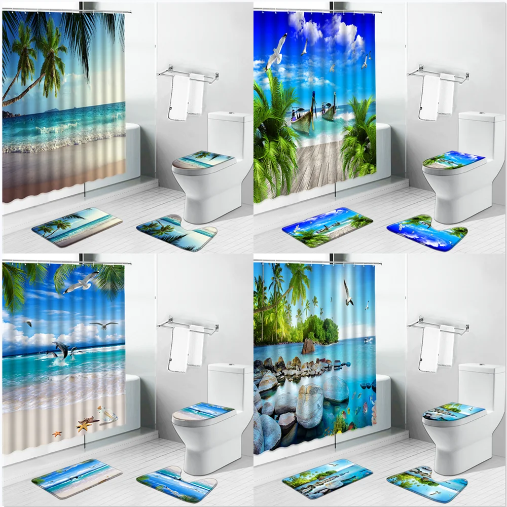 

Ocean Summer Scenery Shower Curtain Palm Trees Haiou Bird Sea Beach Dolphin Bathroom Curtains Non-Slip Carpet Set Toilet Rug Mat