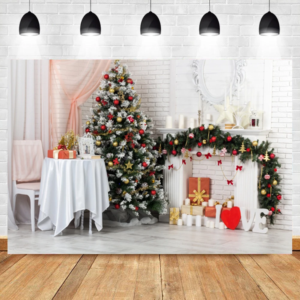 

Laeacco Indoor White Brick Wall Christmas Tree Gift Candle Baby Birthday Backdrop Photographic Photo Background For Photo Studio