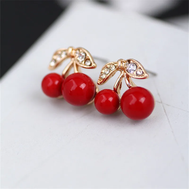 

New Fashion Cute Lovely Red Prevent allergy Cherry Earrings Rhinestone Leaf Earrings For Woman Jewelry