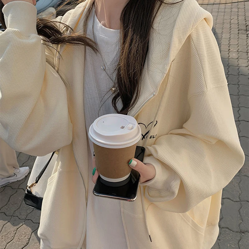 

Женская толстовка с капюшоном, свитшот на молнии с принтом, футболка оверсайз, Однотонный женский повседневный комплект, осенняя винтажная ...