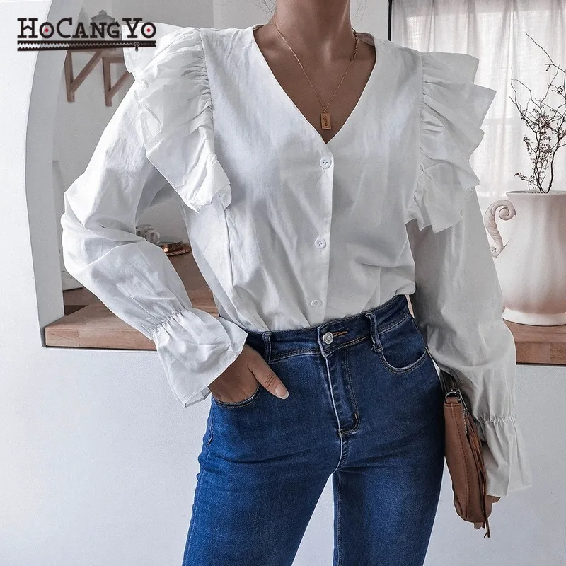 

Женская Весенняя рубашка с оборками в стиле Харадзюку, белые топы с расклешенным рукавом и V-образным вырезом и блузки, женские шифоновые ру...