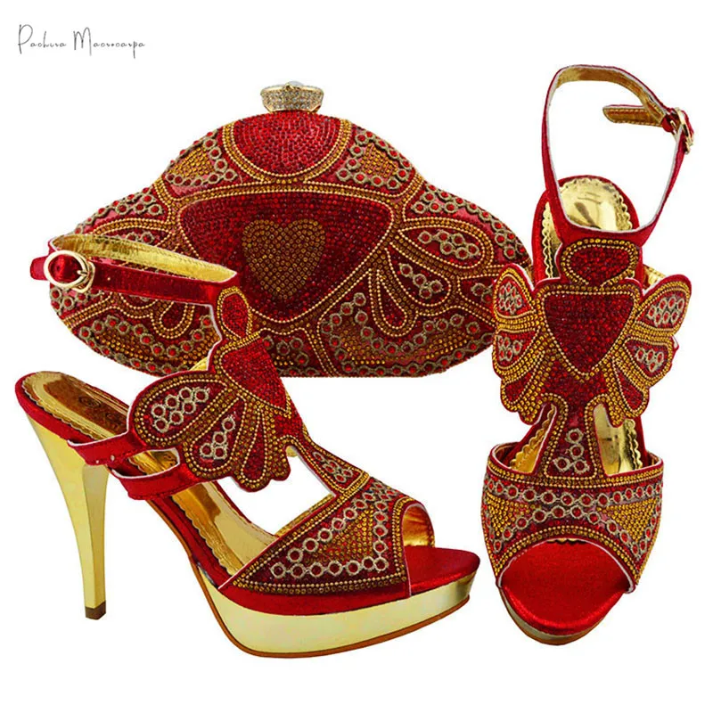 

High Quality African Woman Sandals Shoes With Purse Set Italian Elegant High Heels Shoes And Bag Set For Wedding Party
