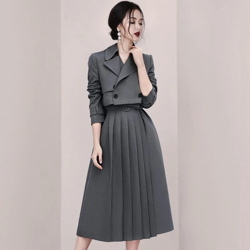 Fashion Formal Skirt Suits for Women Belt Notched Slim Blazer Jackets and Mid Long Plaid Skirts Two Piece Set Female Outfit 2020