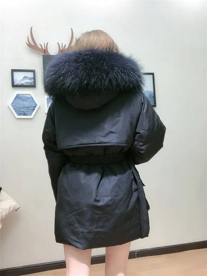 White Down Coat Winter Woman Fashion New Hooded Fur Collar Warm Thicken Cotton Clothing Casual Parkas Belt Overcoat f1401