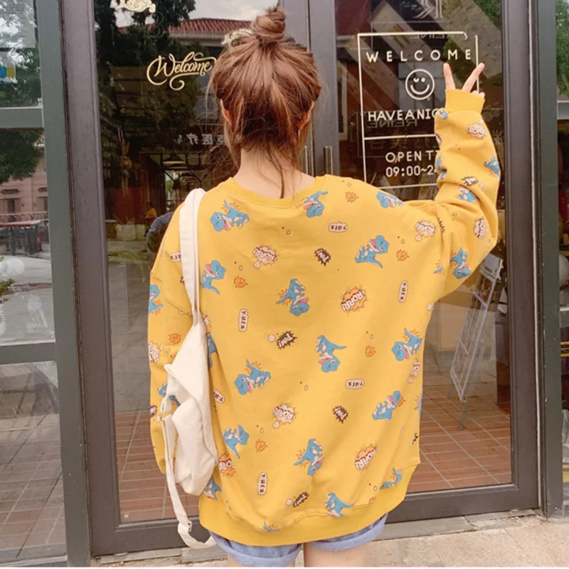 Осень, новинка, женский модный свитер Harajuku, повседневный свободный свитер большого размера с рисунком динозавра из мультфильма тираннозавра, толстовки, кавайный пуловер