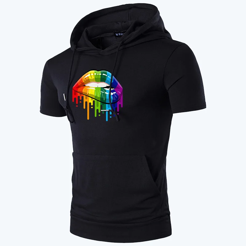 

Men's Hooded Short Sleeve 2021 Summer Colorful Lips Print T-shirt Casual Short Sleeve Daily Comfortable Male Oversize Men‘s Top