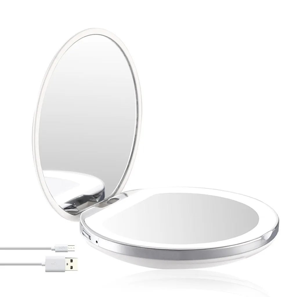 WH Светодиодный освещенное дорожное зеркало для макияжа 1x/3x зеркало для макияжа с светодиодный подсветкой макияж Mirro увеличение складное зеркало макияж Aug - Цвет: WH