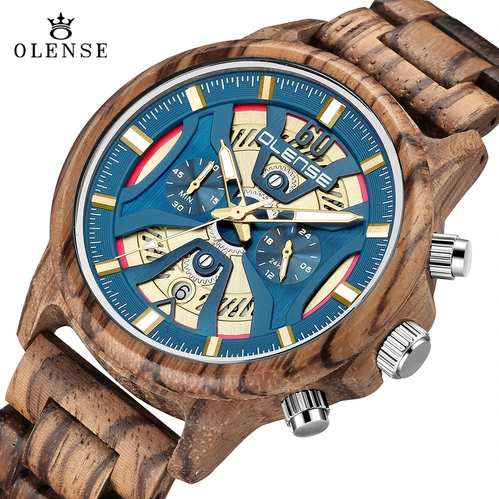 

OLENSE 2022 New Wooden Quartz Writ Watch Men Luxury Classic Business Style Watch Multifunction Fashion Mens Wooden Sports Watch