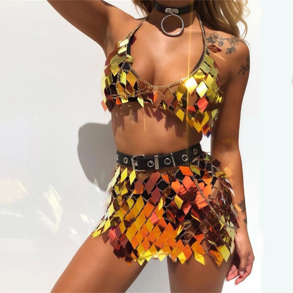 Glisten Rhombic Sequins Two Piece Set Hollow Out Metal Chain Crop Tops Sexy Mini Skirt Summer Rave Festival Lady Outfits