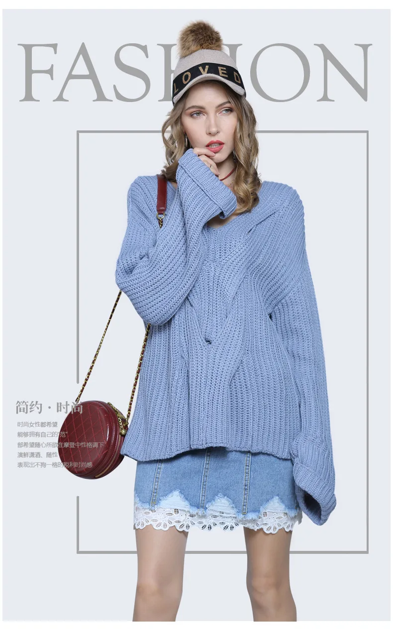 

Autumn Winter New Casual Knitted Sweater Women Solid Loose Flare Sleeve Streetwar Fashion Pullover V Neck Sweaters H278
