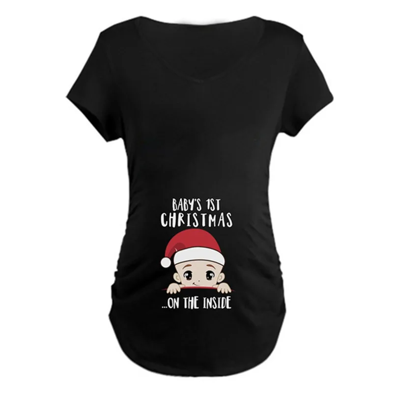 

Funny Maternity Tee Shirt For Pregnant Women Merry Christmas Gifts Pregnancy Clothing Loose Tops Baby 1st Christmas Print Tee