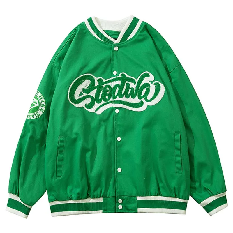 

Mens Harajuku Furry Letter Embroidery Baseball Jackets Vintage College Style Bomber Jackets Oversize V-neck Top Coat Streetwear