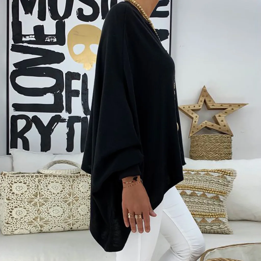 feitong Blouse Female Clothing Women's Loose Plus Size Solid Long Sleeve V-neck Pullover Blouse Tops Shirt Plus Size 5XL