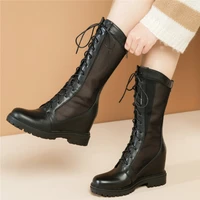 thigh high pumps shoes women lace up straps cow leather mid calf riding boots female summer round toe high heel fashion sneakers