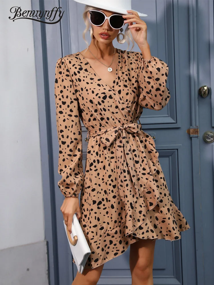 

Benuynffy Surplice Neck Dalmatian Print Belted Dress Women Spring Fall Lantern Sleeve Elegant Office Lady Ruffle Short Dresses