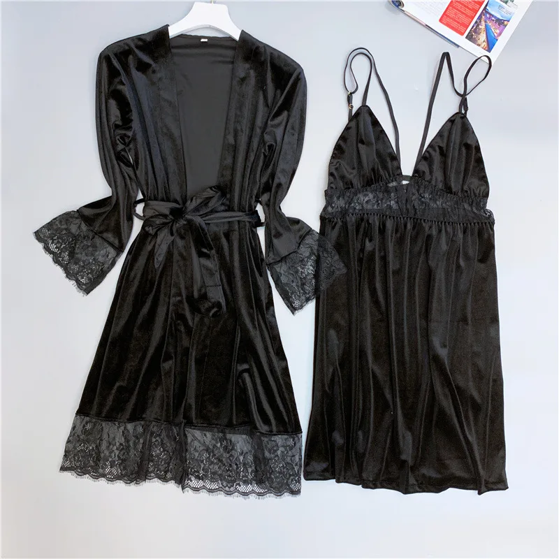 Black QWEEK/зимняя теплая одежда для сна из плотного бархата женский костюм из двух предметов сексуальный комплект кружевного нижнего белья с v-образным вырезом и бретельками - Цвет: Black