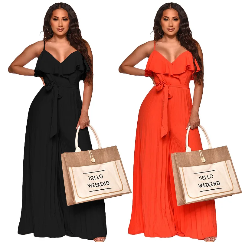 Loose Ruffled Wide-leg Pants Sleeveless Sexy V Neck Spaghetti Straps  Jumpsuit Women Black One Piece Rompers Overalls For Female