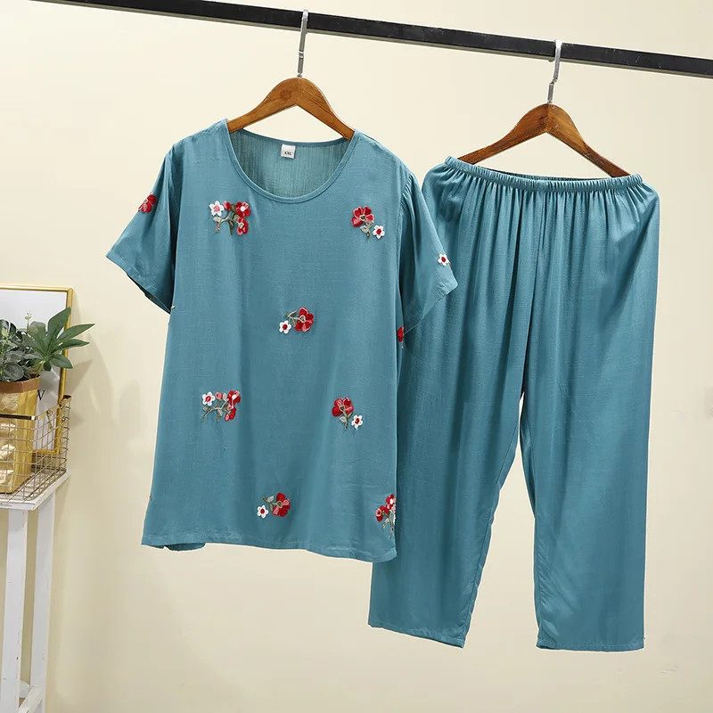 

Short-sleeved New Women Capri Pants Pyjamass Cotton Silk Set Spring And Summer Embroidered Pajamas