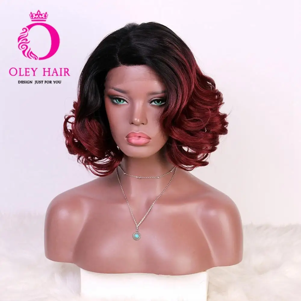 OLEY High Density Glueless Red Ombre Wig Heat Resistant Wavy Blonde Synthetic Lace Front Wig Cosplay Short Wigs For Black Women