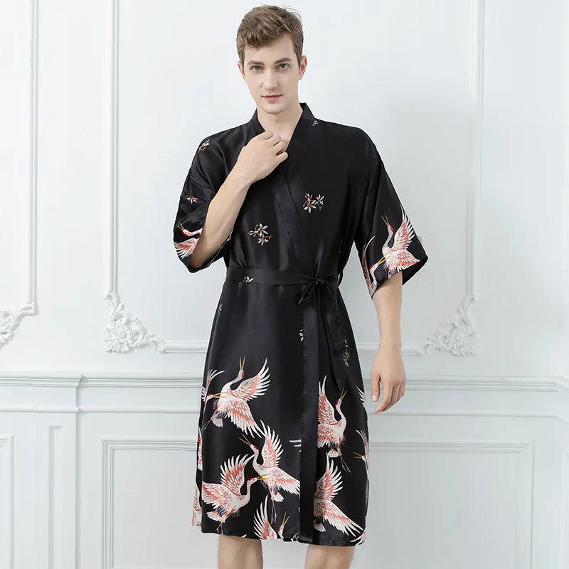 Men Print Silk Rayon Robe Summer Casual Wedding Best Man Relax Fit Sleepwear V Neck Kimono Yukata Luxury Bath Gown Plus Size