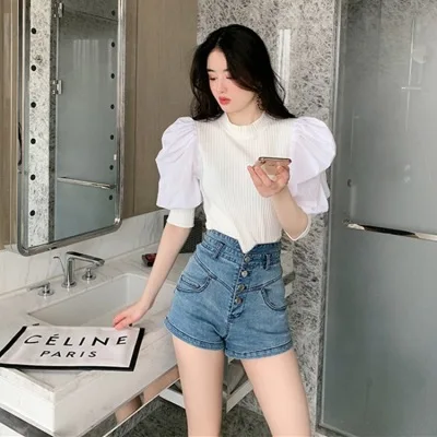 Женский эластичный пуловер с рукавами-фонариками модный вязаный Топ из поплина