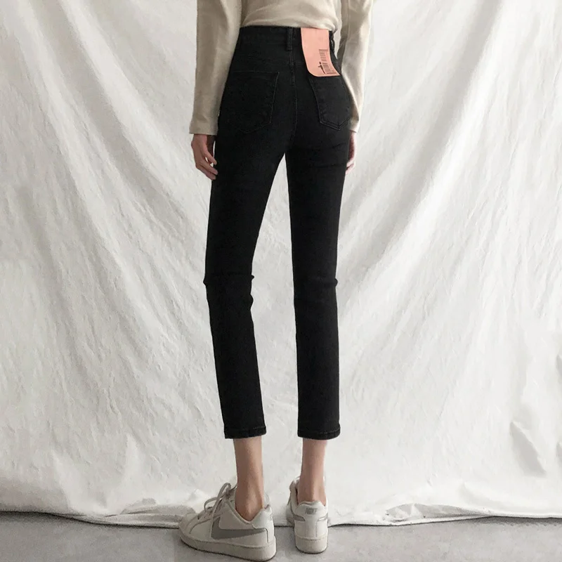 

Черные джинсы женские прямые свободные, осень 2021, маленькие укороченные эластичные облегающие брюки с высокой талией, Rac