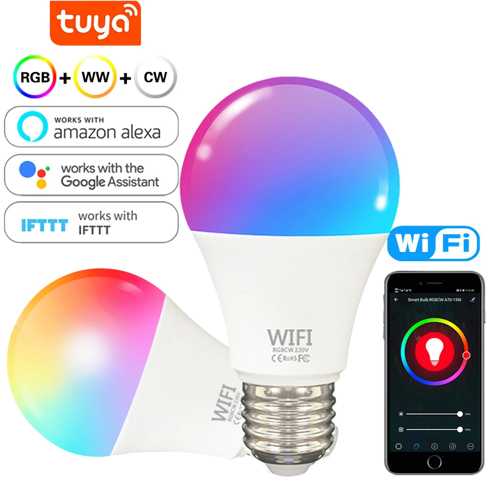 

Умная Светодиодная лампа с Wi-Fi, E27, Tuya, умная лампочка, 110 В, 220 В, светодиодная лампочка RGBCW светильник ильник 12 Вт, 15 Вт, лампочка с Wi-Fi Alexa для до...