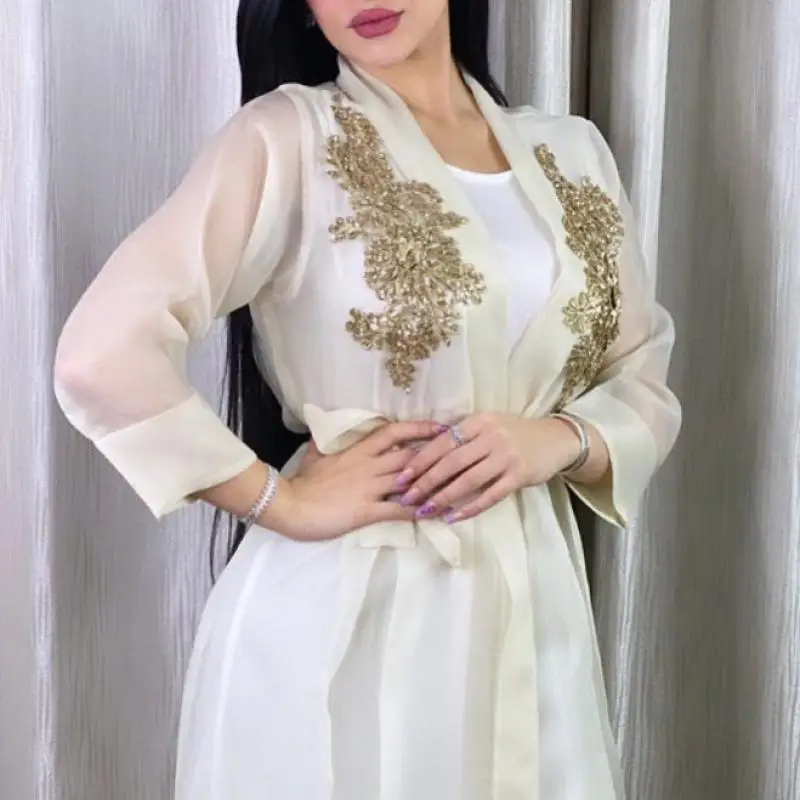 Белое платье Abayas для женщин, Турецкая женская одежда Дубая с вышивкой лентой, мусульманская мода, Арабский исламский стиль 2021, женская одежд...