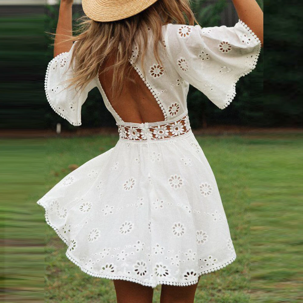 Платье с открытой спиной короткий рукав мини коктейльный сарафан хлопок +