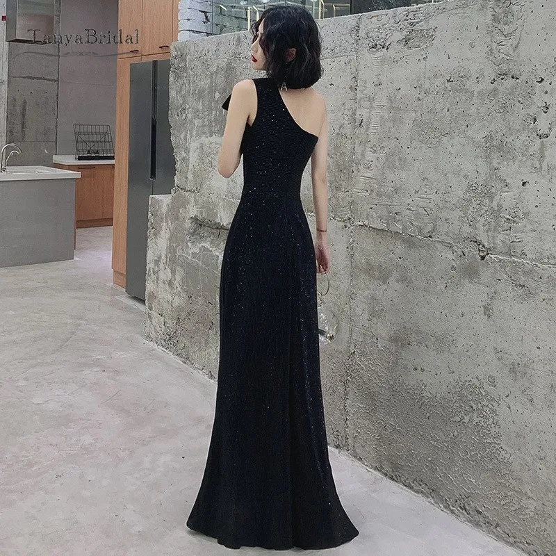 One Shoulder Sequin Evening Dress 2020 Long Prom Black Shiny Sexy vestidos de fiesta Side Slit Glitter Slight robe soi | Свадьбы и