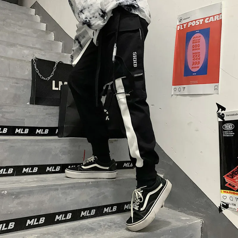 

Women Pants 2021 Black High Waist Sports Lovers Color Spliced Korean Female Loose Casual Straight Leg Tooling Cargo Long Pants