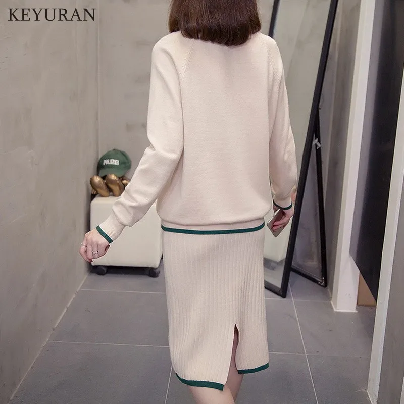 

4XL Plus Size 2 Piece Knitted Split Skirt Set Women 2021 Autumn New Patchwork Long Sleeve Skirt And Top Two Piece Suit Outfits